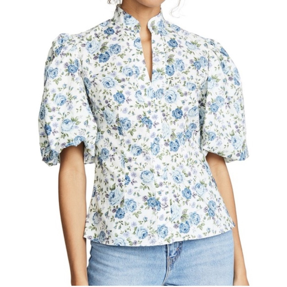 Petersyn Revolve Blue and White Puff Sleeve Floral Blouse Button Down medium